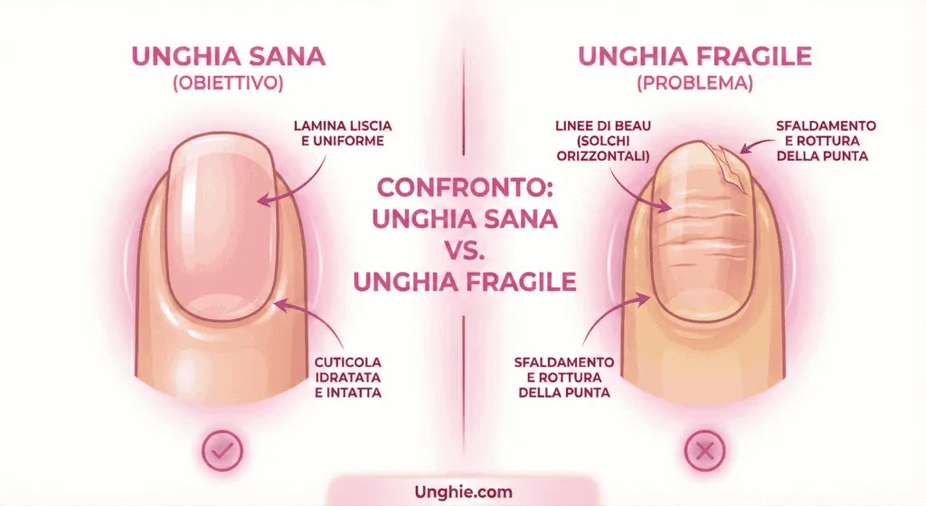 Infografica comparativa per riconoscere unghie sane e forti: confronto visivo tra una lamina ungueale sana (liscia, rosata e uniforme) e un'unghia fragile con segni di sfaldamento, rottura della punta e linee di Beau.