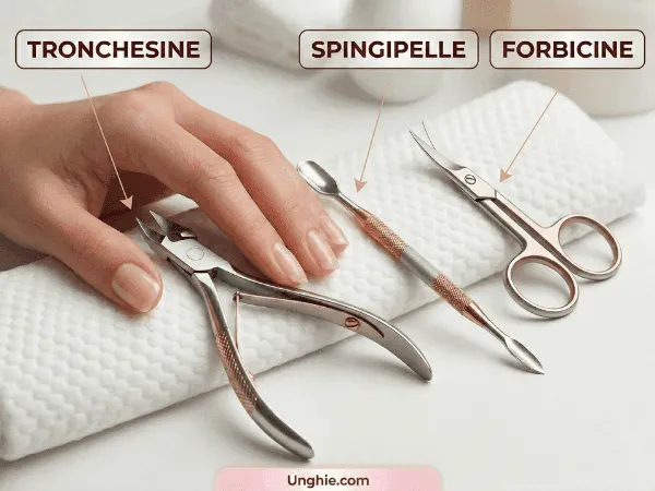 Kit di strumenti essenziali in acciaio per manicure con tronchesine, spingipelle e forbicine di precisione su sfondo bianco.