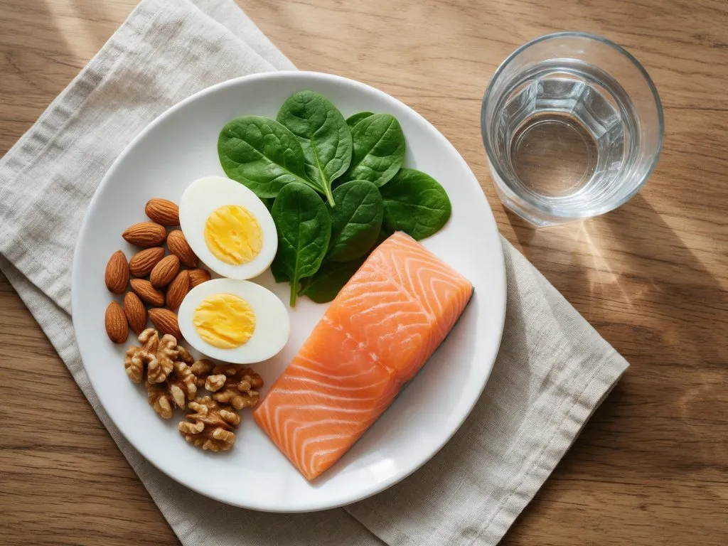 Piatto con uova sode, mandorle, noci, spinaci e salmone