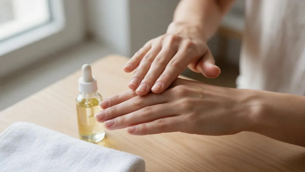 Mani con unghie naturali corte e una goccia di olio nutriente, con flacone contagocce e asciugamano bianco