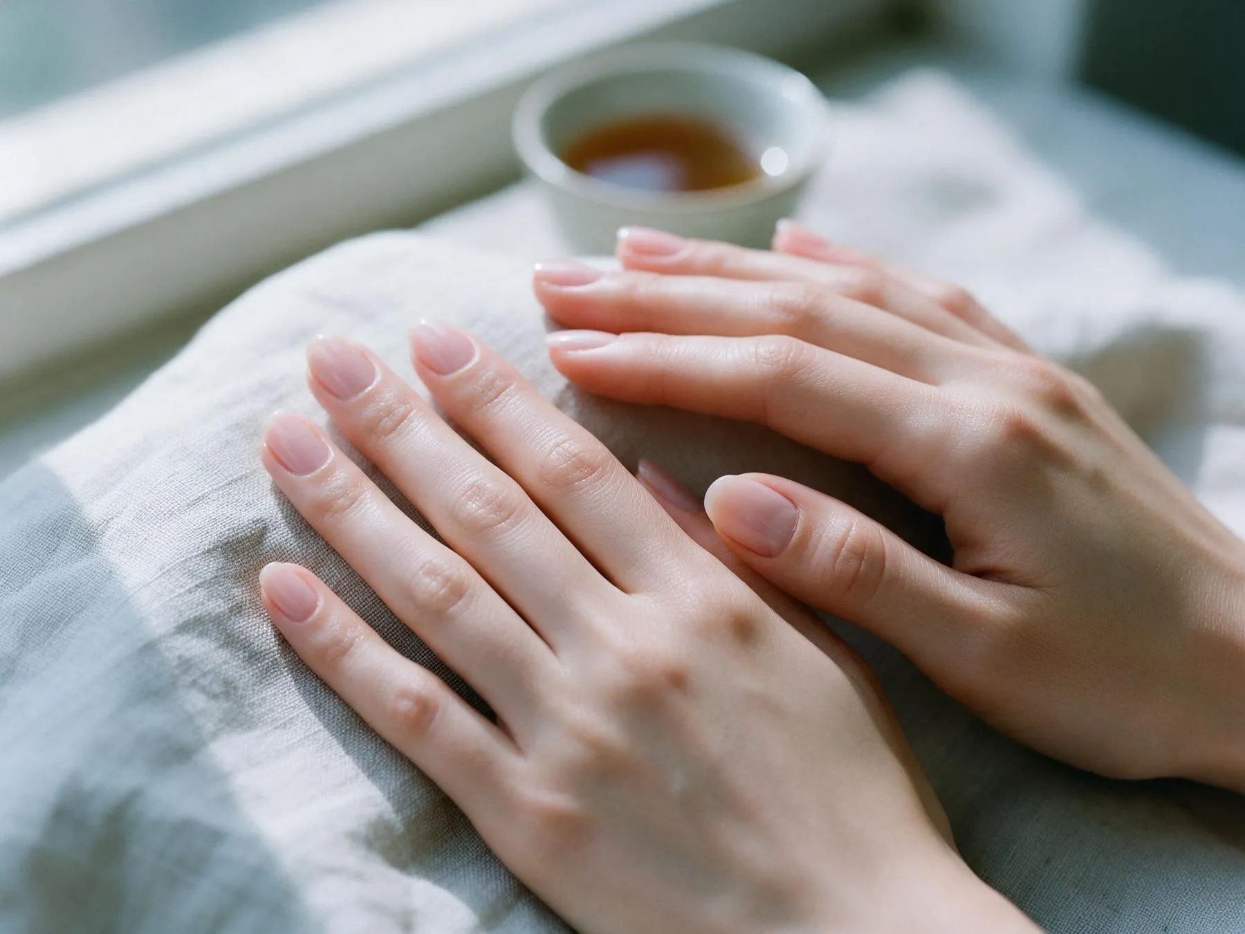 Mani con unghie naturali ovali e smalto trasparente rosato su un telo di lino