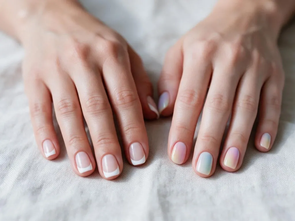 Due mani con french bianca e sfumatura pastello su unghie corte