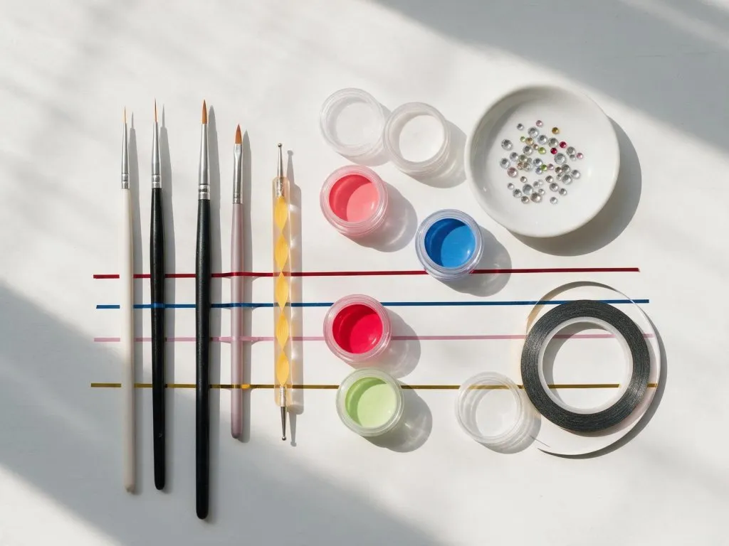 Pennelli per dettagli, strumento a punta, vasetti di gel colorato, strass e nastro per righe
