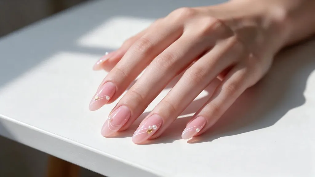 Mano con unghie a mandorla rosa tenue con linee bianche sottili, piccole perle e una decorazione in lamina oro