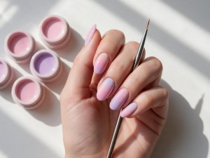 Mano con unghie ovali decorate con sfumatura dal rosa al lilla e vasetti di gel colorato