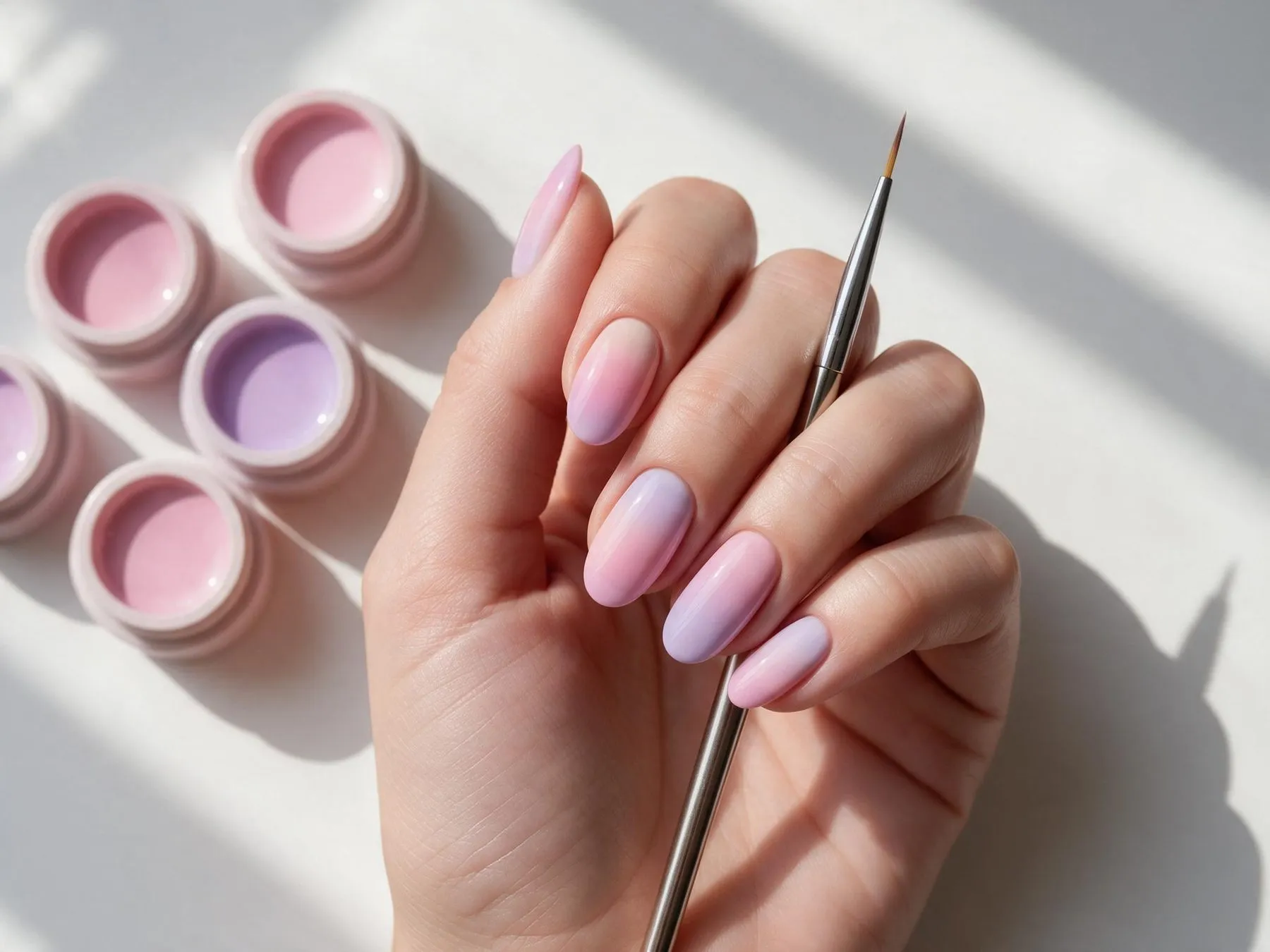 Mano con unghie ovali decorate con sfumatura dal rosa al lilla e vasetti di gel colorato
