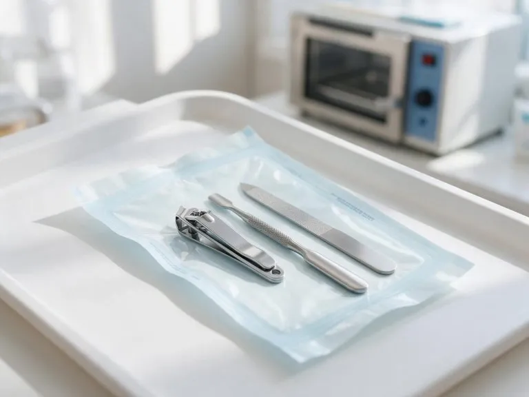 Strumenti per pedicure dentro una busta sterile accanto a un'autoclave
