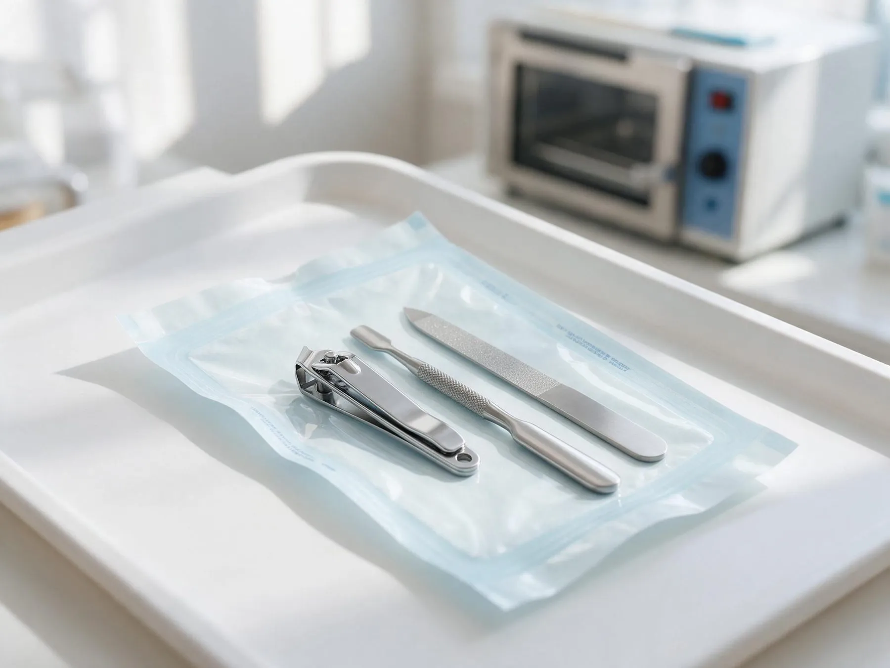 Strumenti per pedicure dentro una busta sterile accanto a un'autoclave