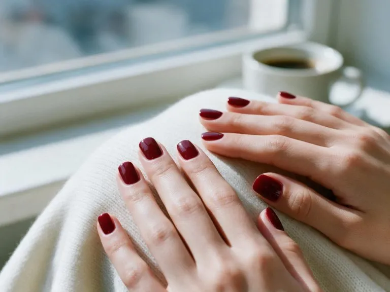 Mani con semipermanente bordeaux lucido su unghie corte quadrate
