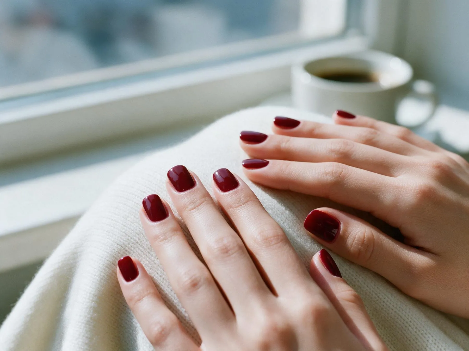 Mani con semipermanente bordeaux lucido su unghie corte quadrate