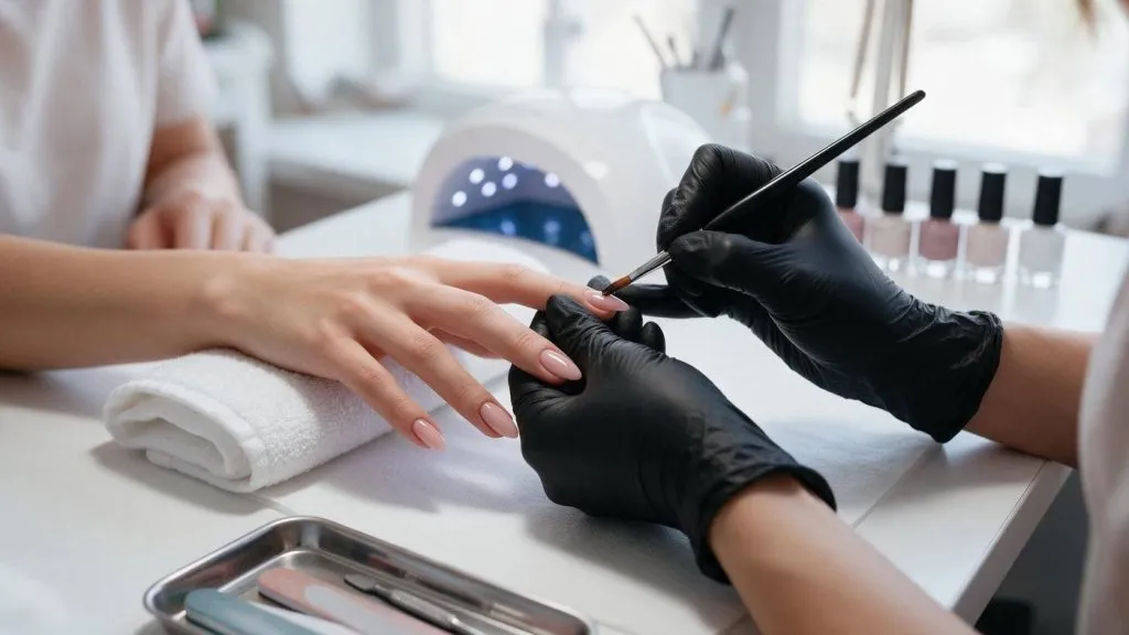 Onicotecnica con guanti neri applica il top coat sulle unghie di una cliente, con lampada UV e flaconi di gel sul tavolo